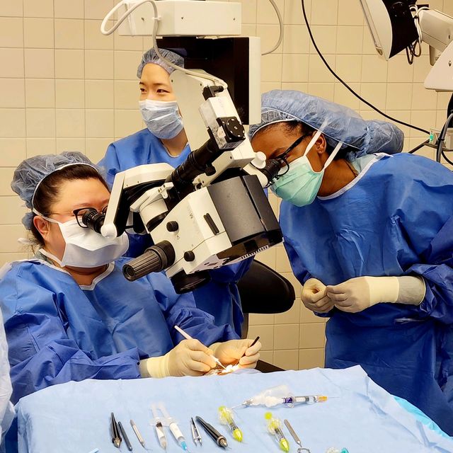 MS1 Danielle Gaskin observes through the side scope as Dr. Mary Qui does a goniotomy procedure, her PGY3 resident Inae Jang observes on the TV monitor. 